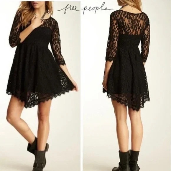 Free People Dress Womens 2 Black Lace Mini Skater Illusion Neck Long Sleeves - Picture 1 of 8